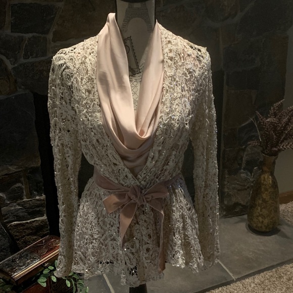 Peachy draping top w/ sequined ivory cardigan - Picture 1 of 5